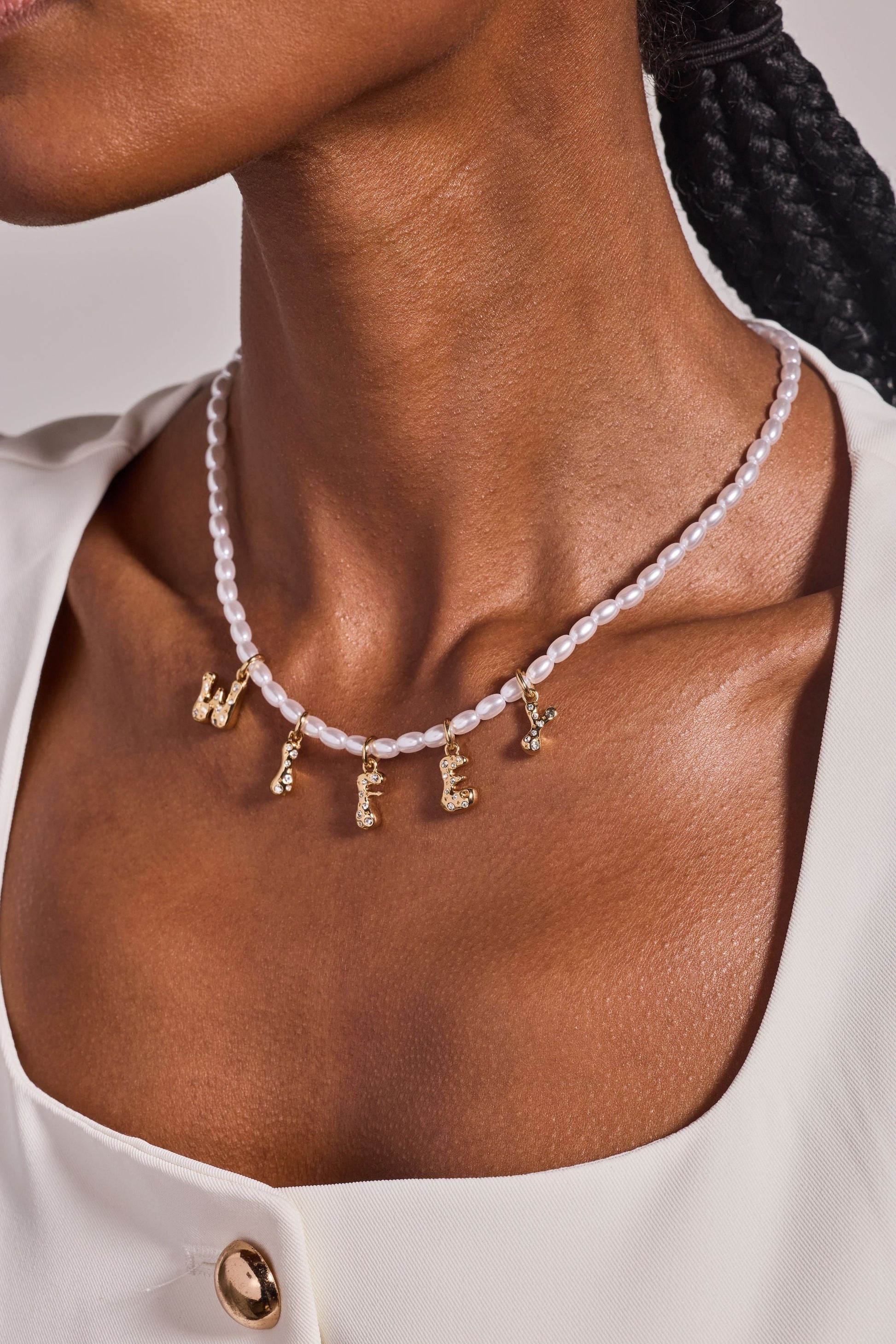 Beaded Pearl WIFEY Bubble Necklace Gold