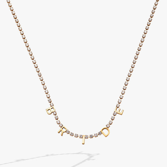 “Bride” Crystal Tennis Necklace – Dazzling Bridal Jewelry Gift Stainless Steel Gold