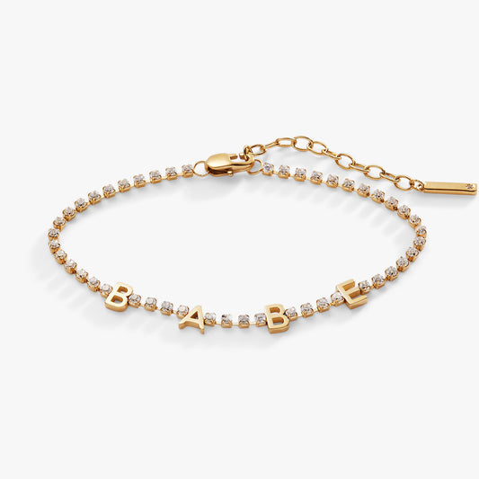 “Babe” Crystal Tennis Bracelet – Fun Special Occasion Jewelry Gift Stainless Steel Gold