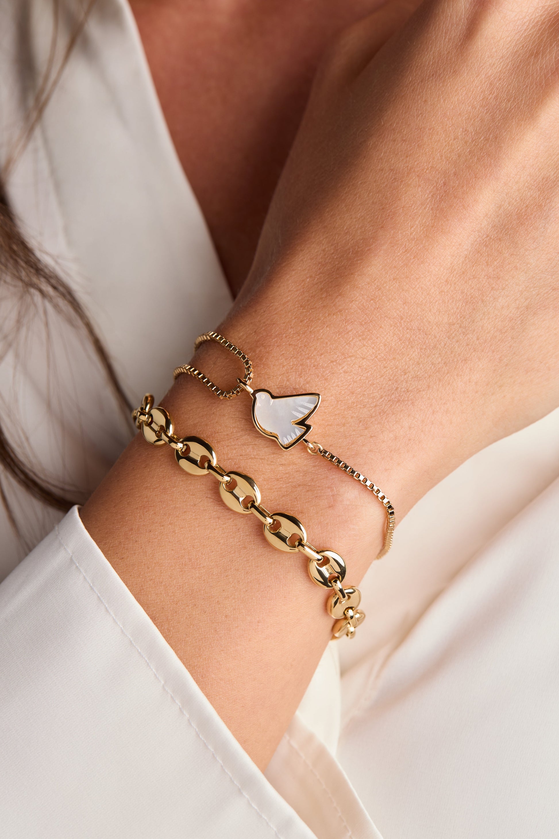 Pearlized Dove 'Peace' Pull Chain Bracelet Gold