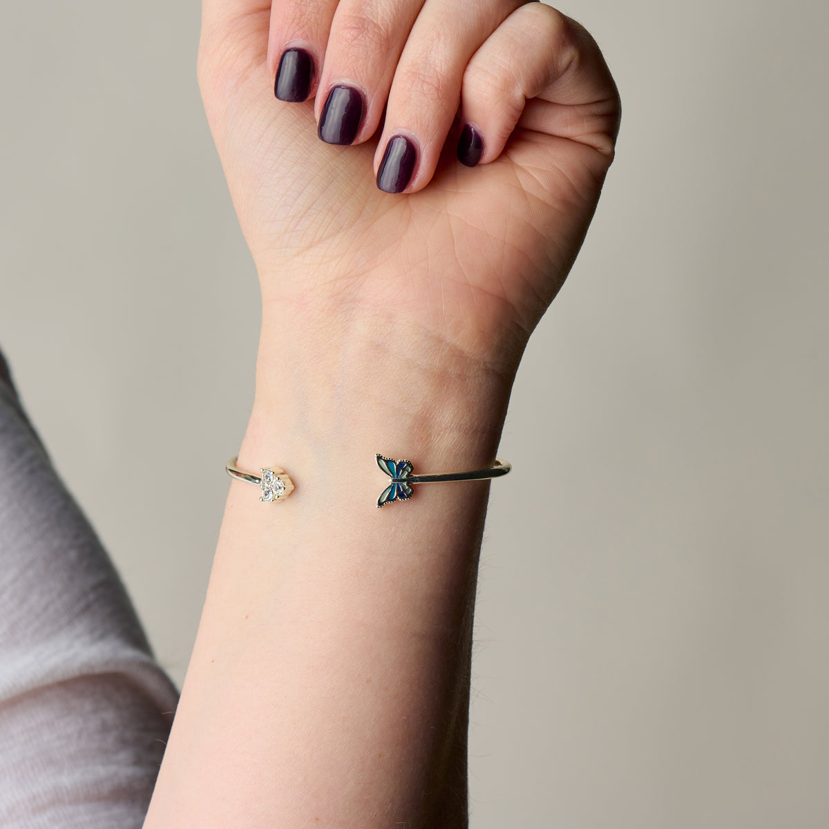 Butterfly + Crystal Flex Cuff Bracelet | April Butterfly Silver