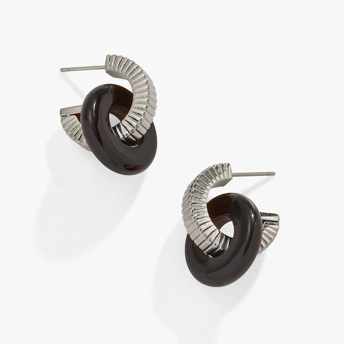 Black Onyx Textured Earrings Stainless Steel Silver