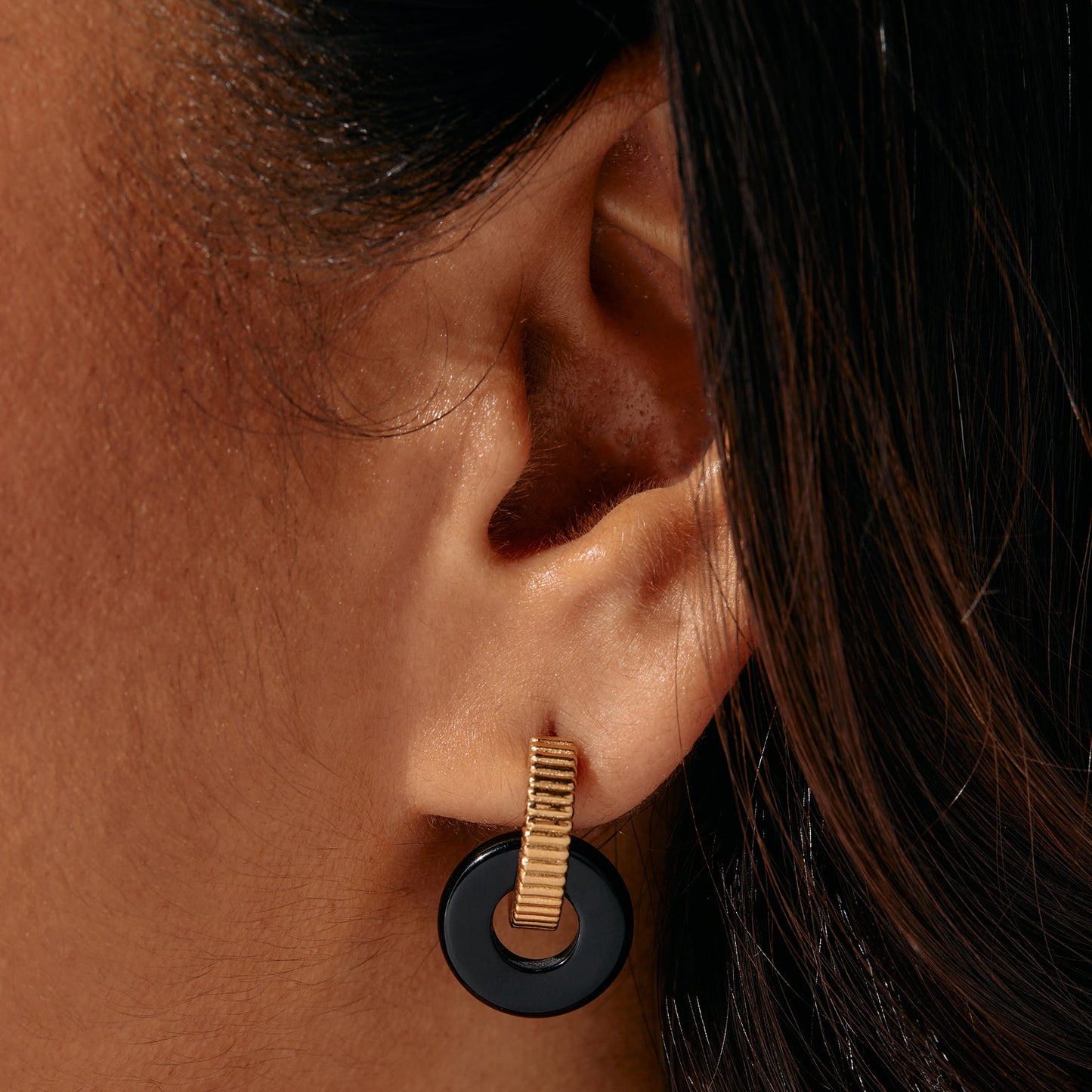 Black Onyx Textured Earrings Stainless Steel Silver