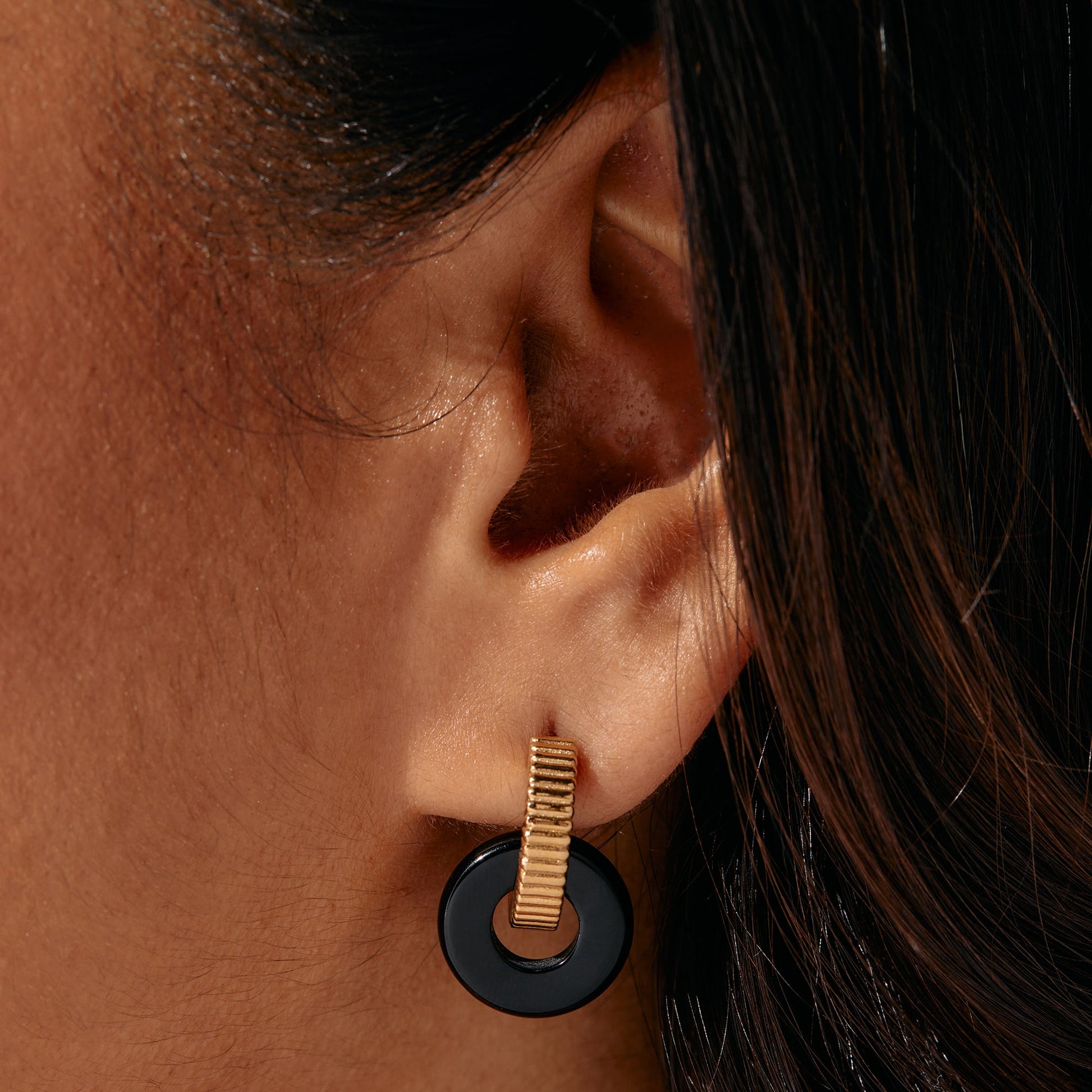 Black Onyx Textured Earrings Stainless Steel Silver