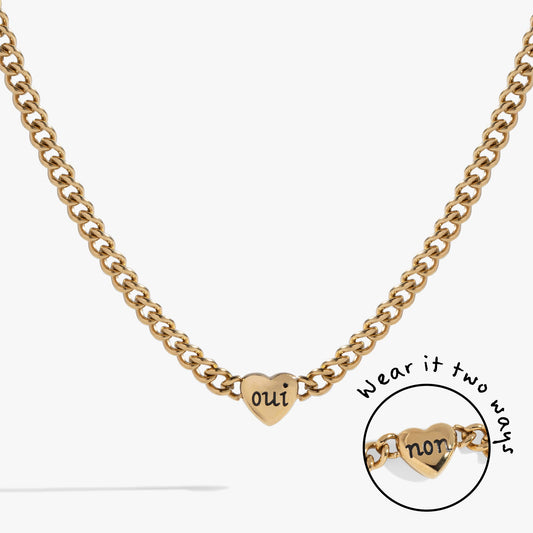 Engraved French 'Oui' & 'Non' Reversible Heart Necklace Stainless Steel Silver