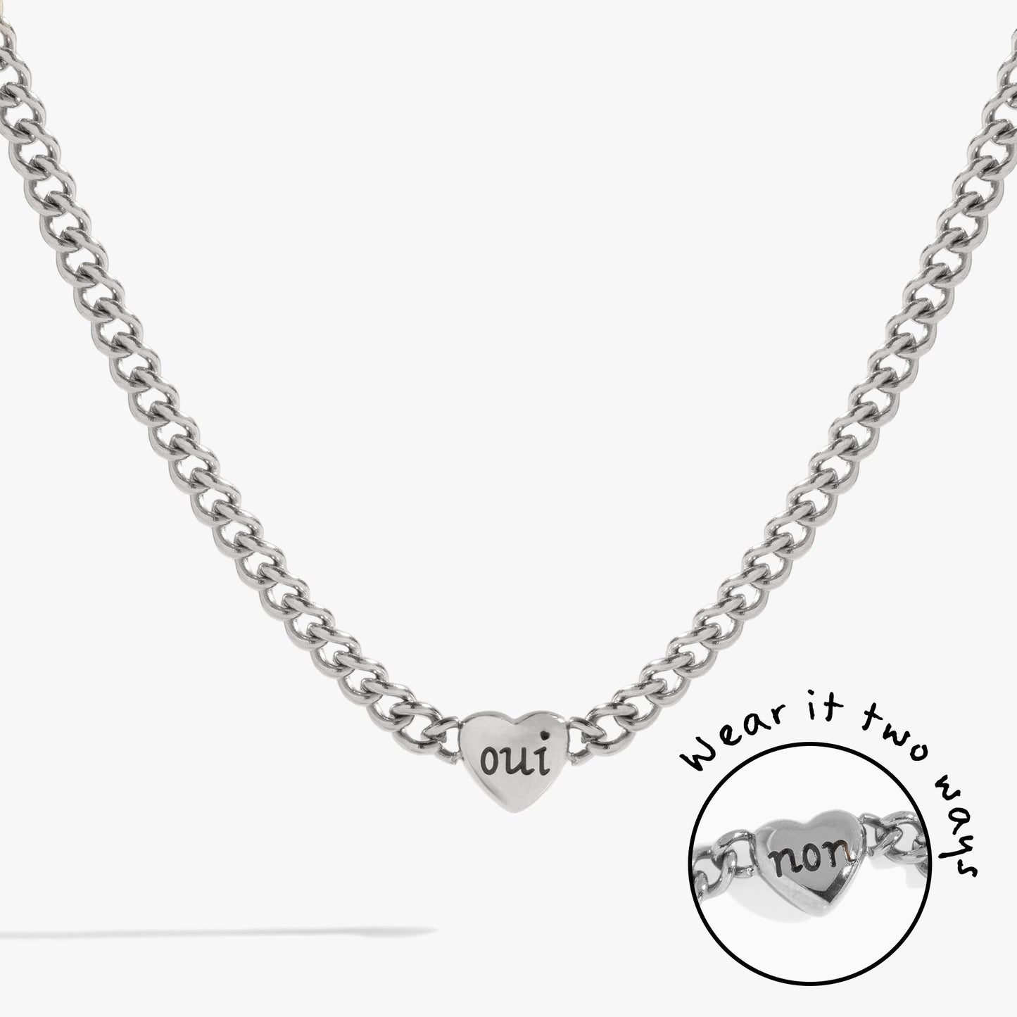 Engraved French 'Oui' & 'Non' Reversible Heart Necklace Stainless Steel Silver