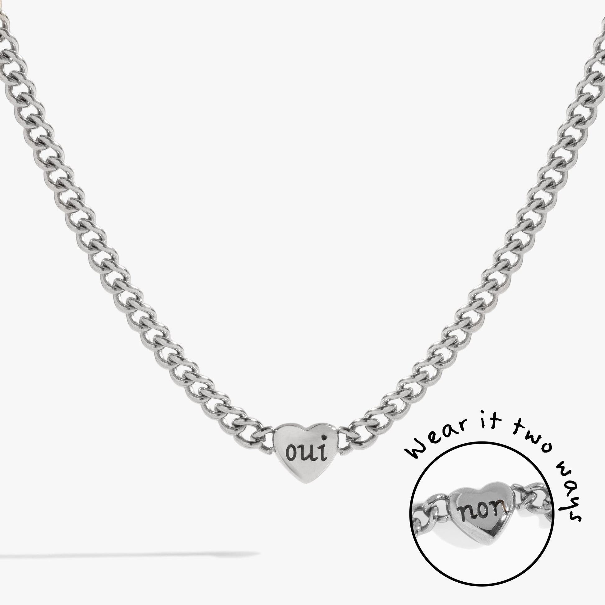 Engraved French 'Oui' & 'Non' Reversible Heart Necklace Stainless Steel Silver