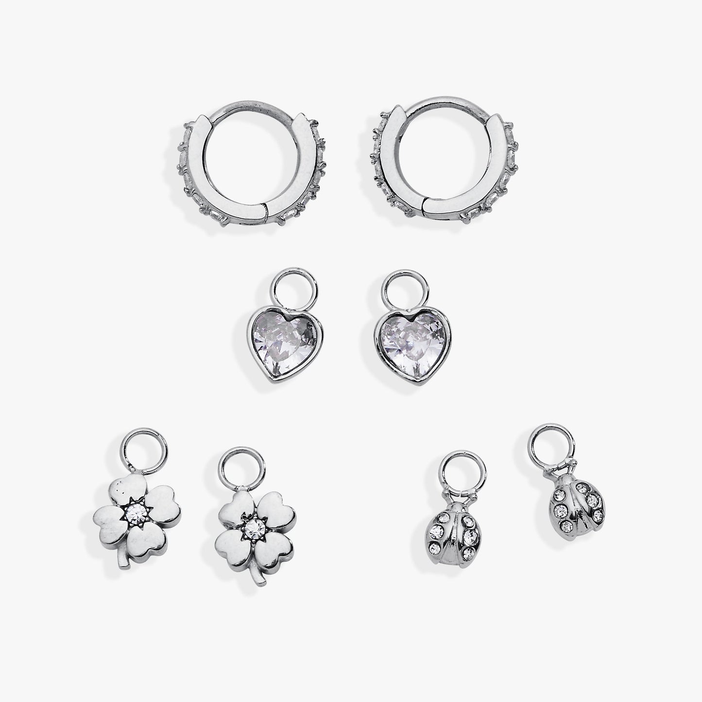 Love & Luck Interchangeable Huggie Set of 4 Stainless Steel Silver
