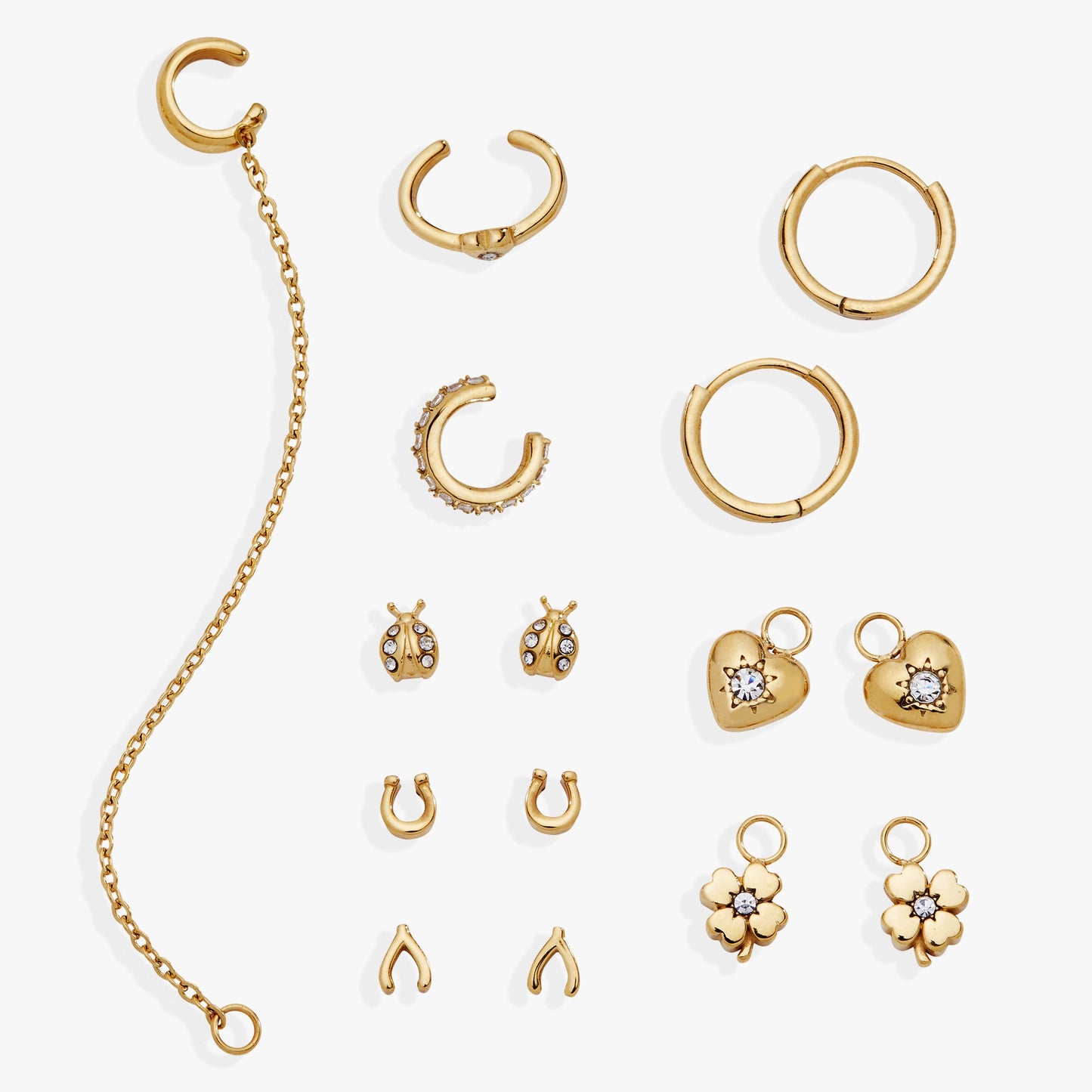 9 Pc Love & Luck Earring Set Stainless Steel Gold