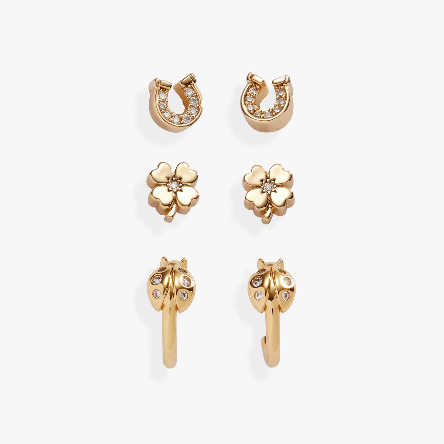 Love and Luck Set of 3 Stud Earrings and Huggie Hoops Gold