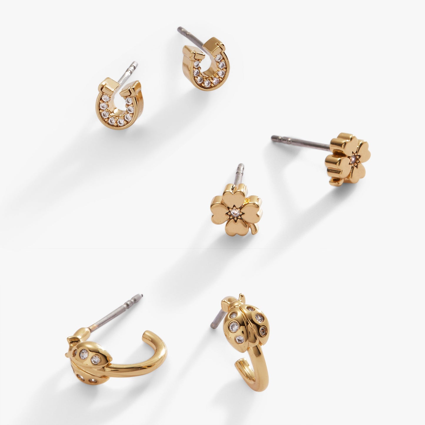 Love and Luck Set of 3 Stud Earrings and Huggie Hoops Gold