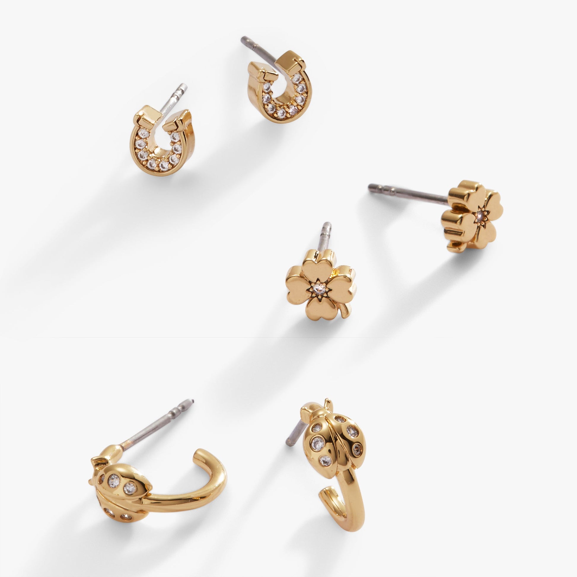 Love and Luck Set of 3 Stud Earrings and Huggie Hoops Gold