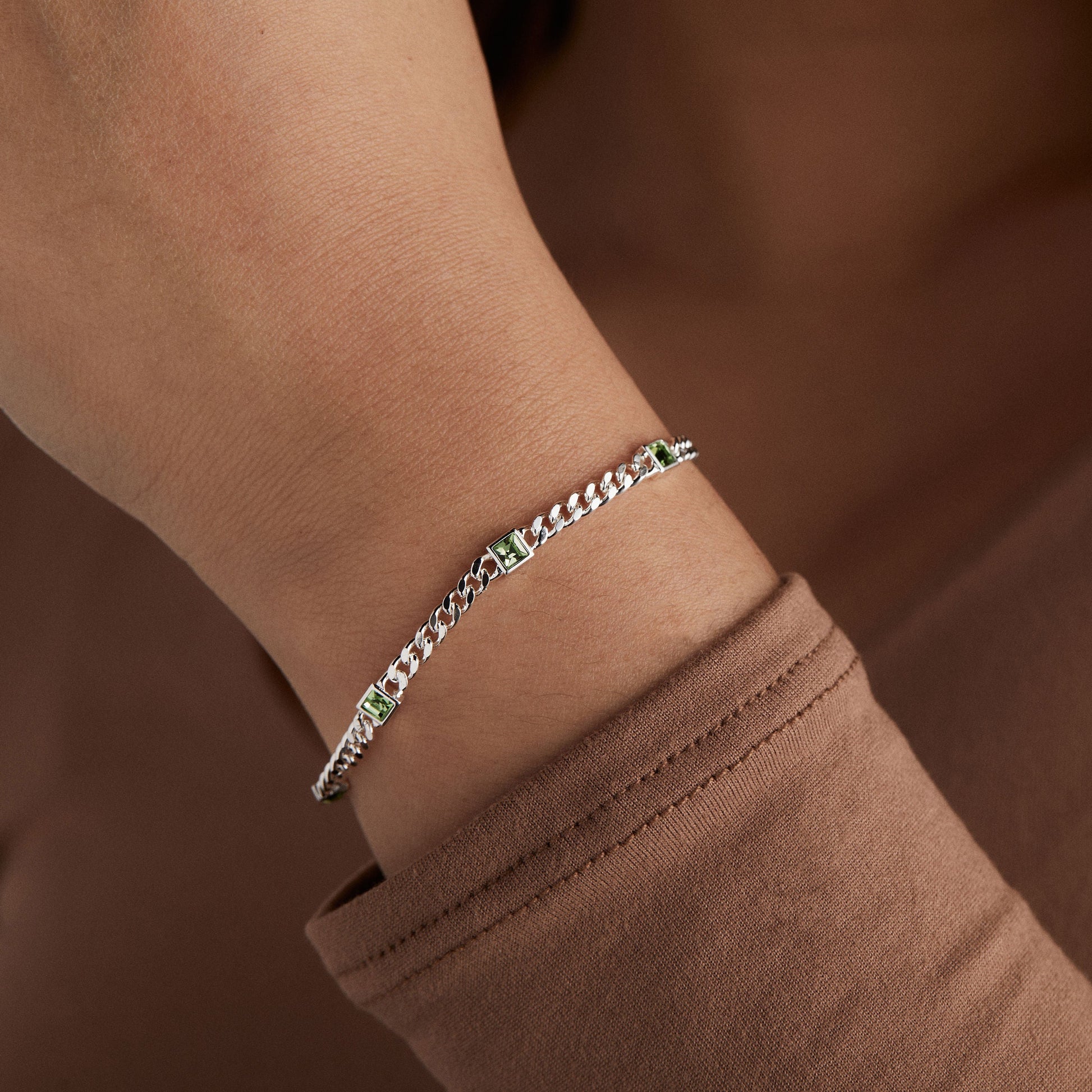 Peridot Curb Chain Bracelet, August Birthstone Silver