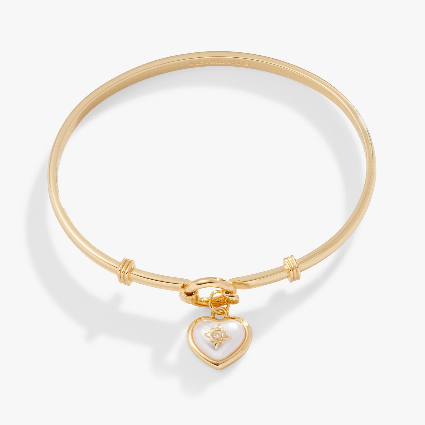 Pearl Heart + Crystal Charm Clip Bangle Gold