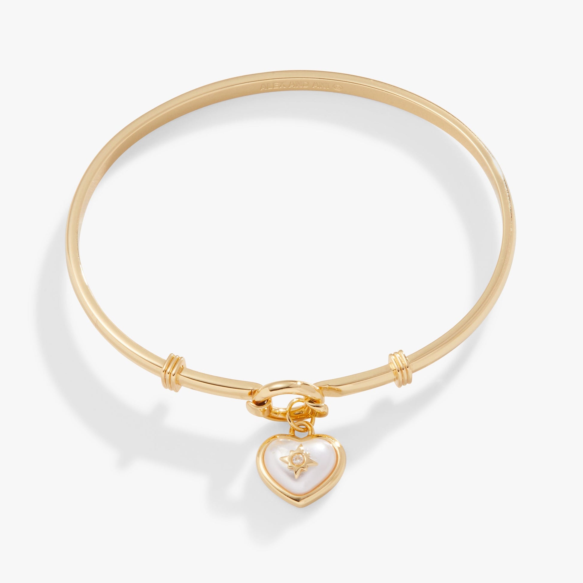 Pearl Heart + Crystal Charm Clip Bangle Gold