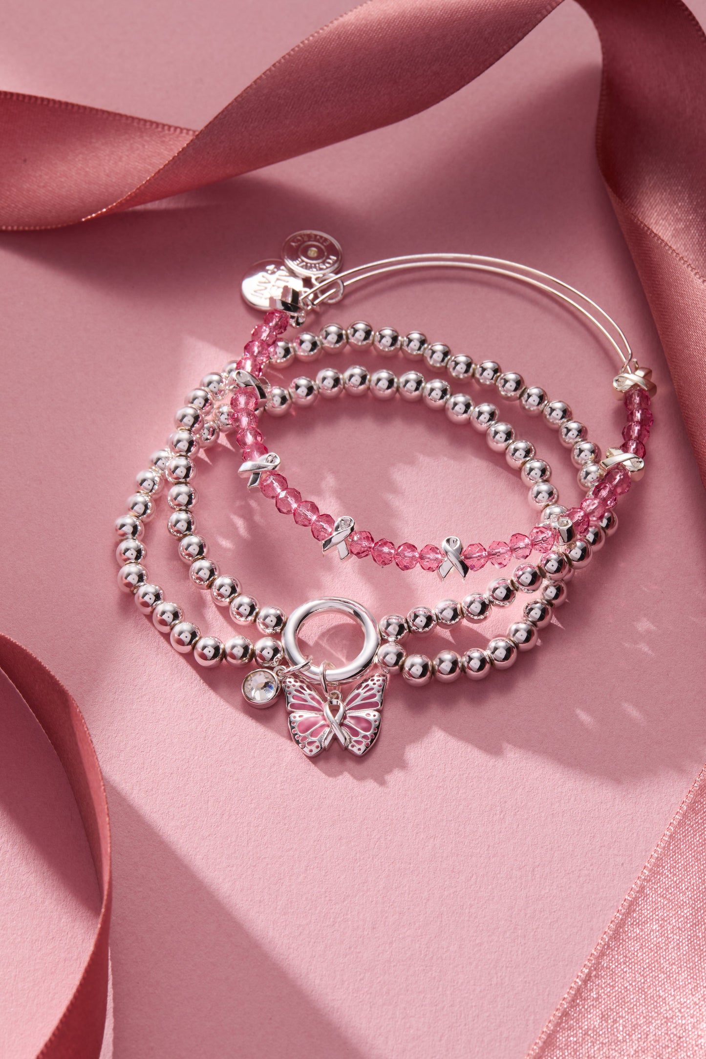 Breast Cancer Awareness Pink Ribbon Bangle Silver