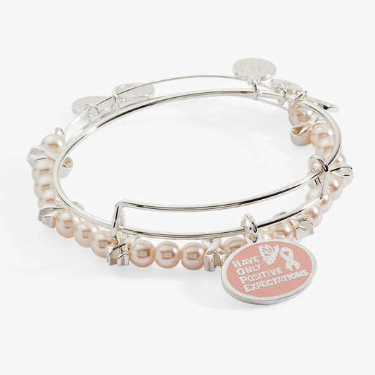 HOPE Breast Cancer Awareness Pink Ribbon Charm Bangles, Set of 2 Silver