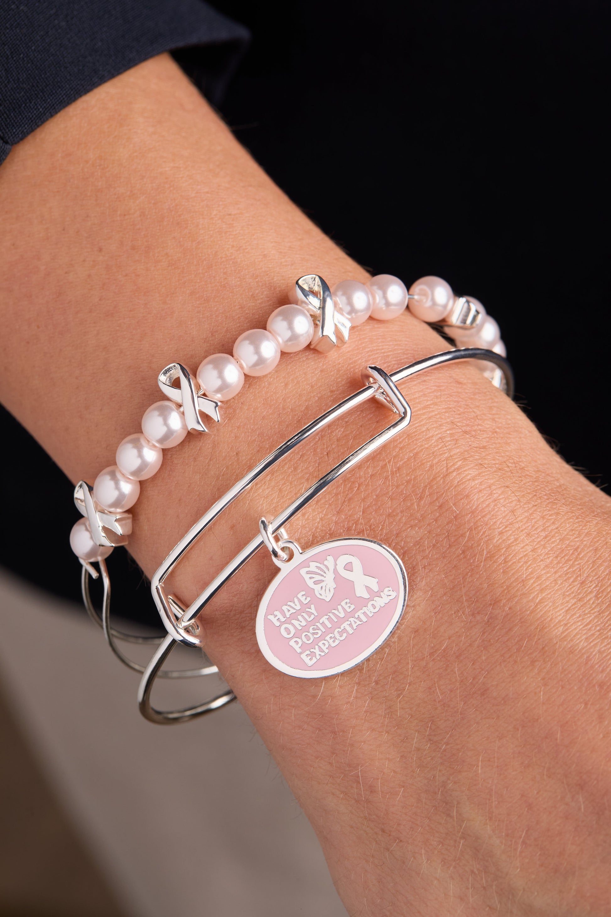 HOPE Breast Cancer Awareness Pink Ribbon Charm Bangles, Set of 2 Silver