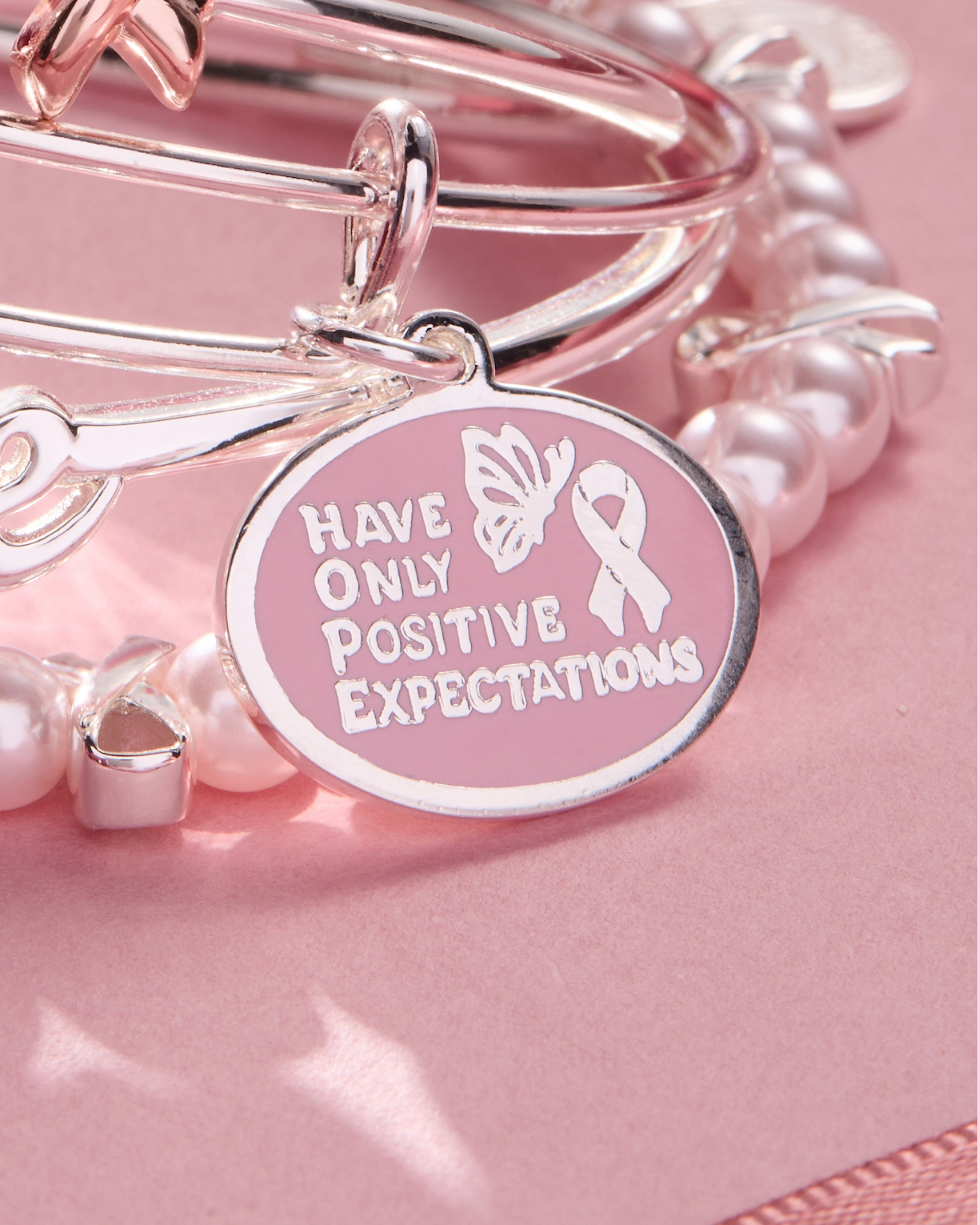 HOPE Breast Cancer Awareness Pink Ribbon Charm Bangles, Set of 2 Silver
