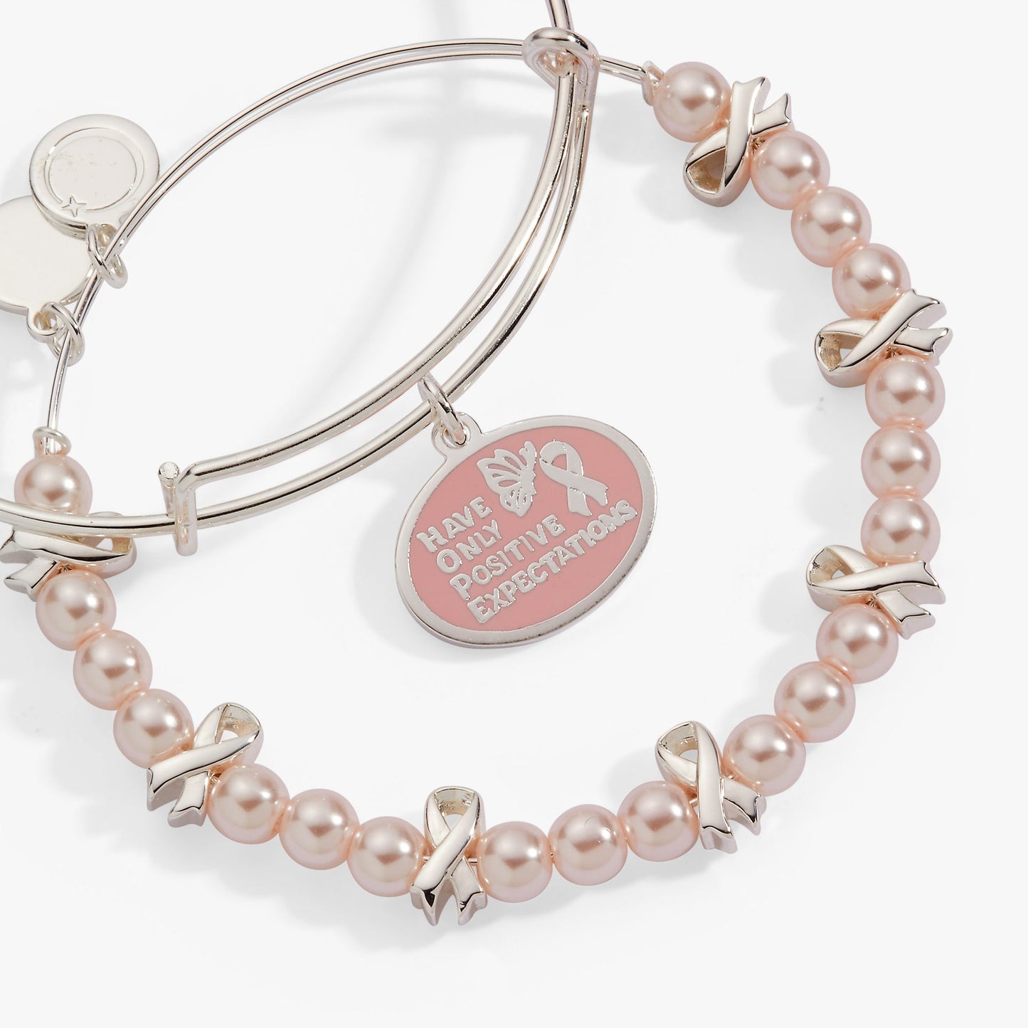 HOPE Breast Cancer Awareness Pink Ribbon Charm Bangles, Set of 2 Silver