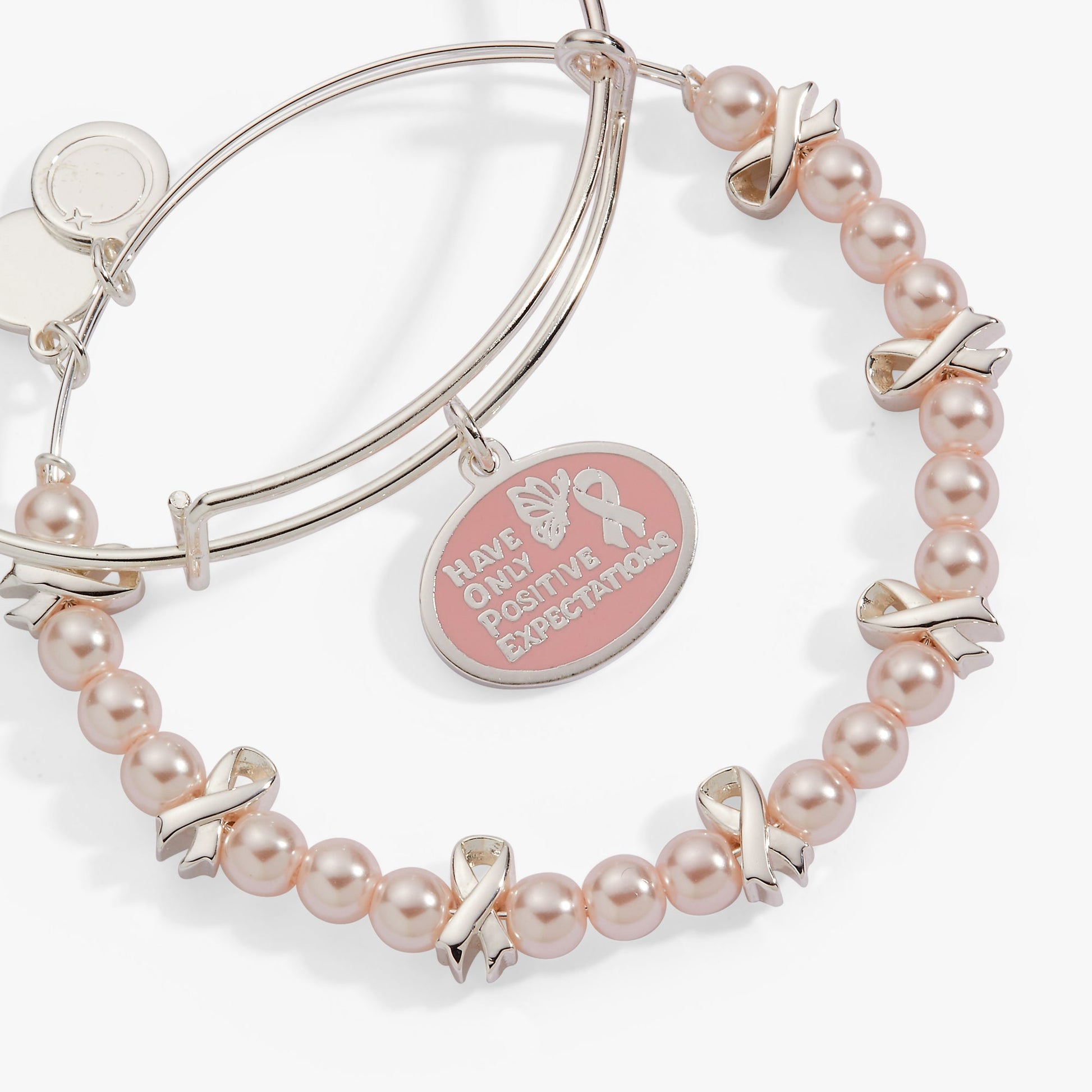 HOPE Breast Cancer Awareness Pink Ribbon Charm Bangles, Set of 2 Silver