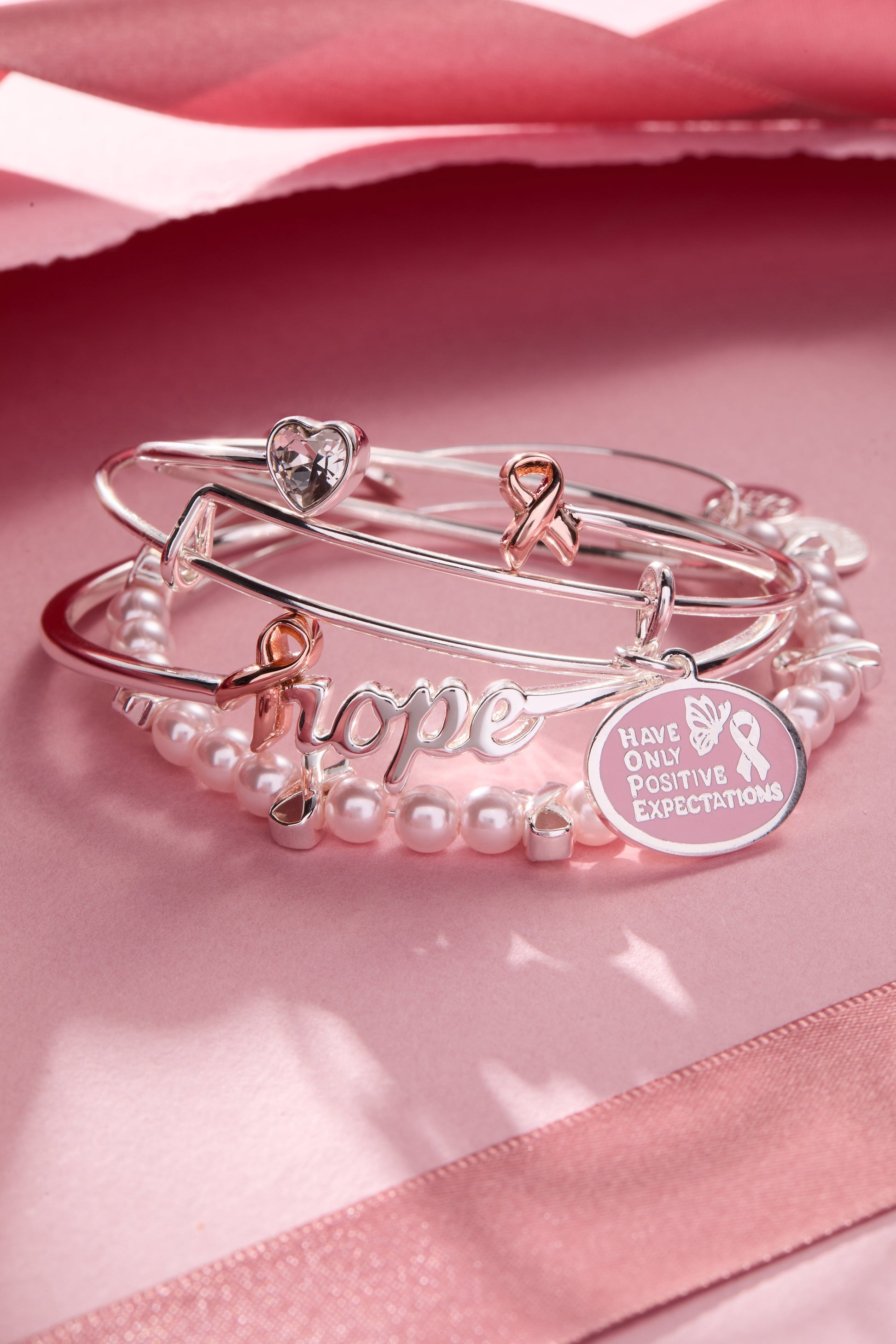 HOPE Breast Cancer Awareness Pink Ribbon Charm Bangles, Set of 2 Silver