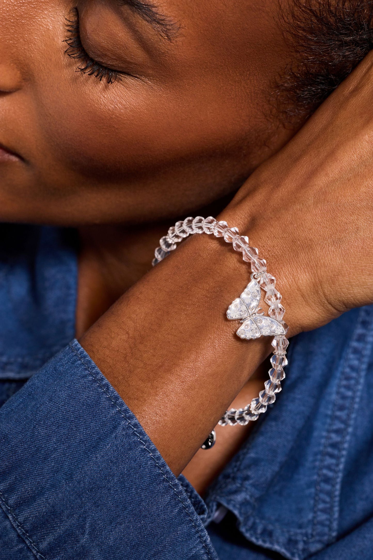 Glass Butterfly Beaded Charm Bangle Silver