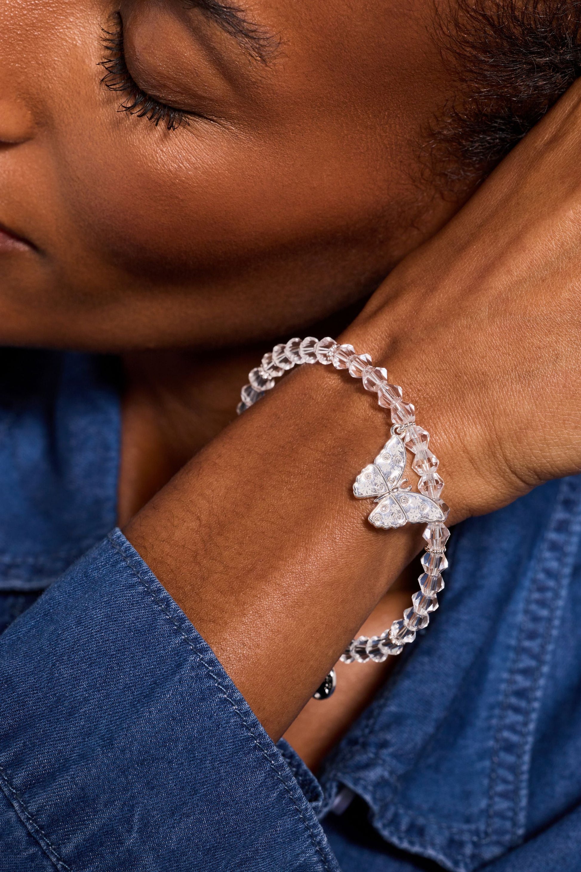 Glass Butterfly Beaded Charm Bangle Silver
