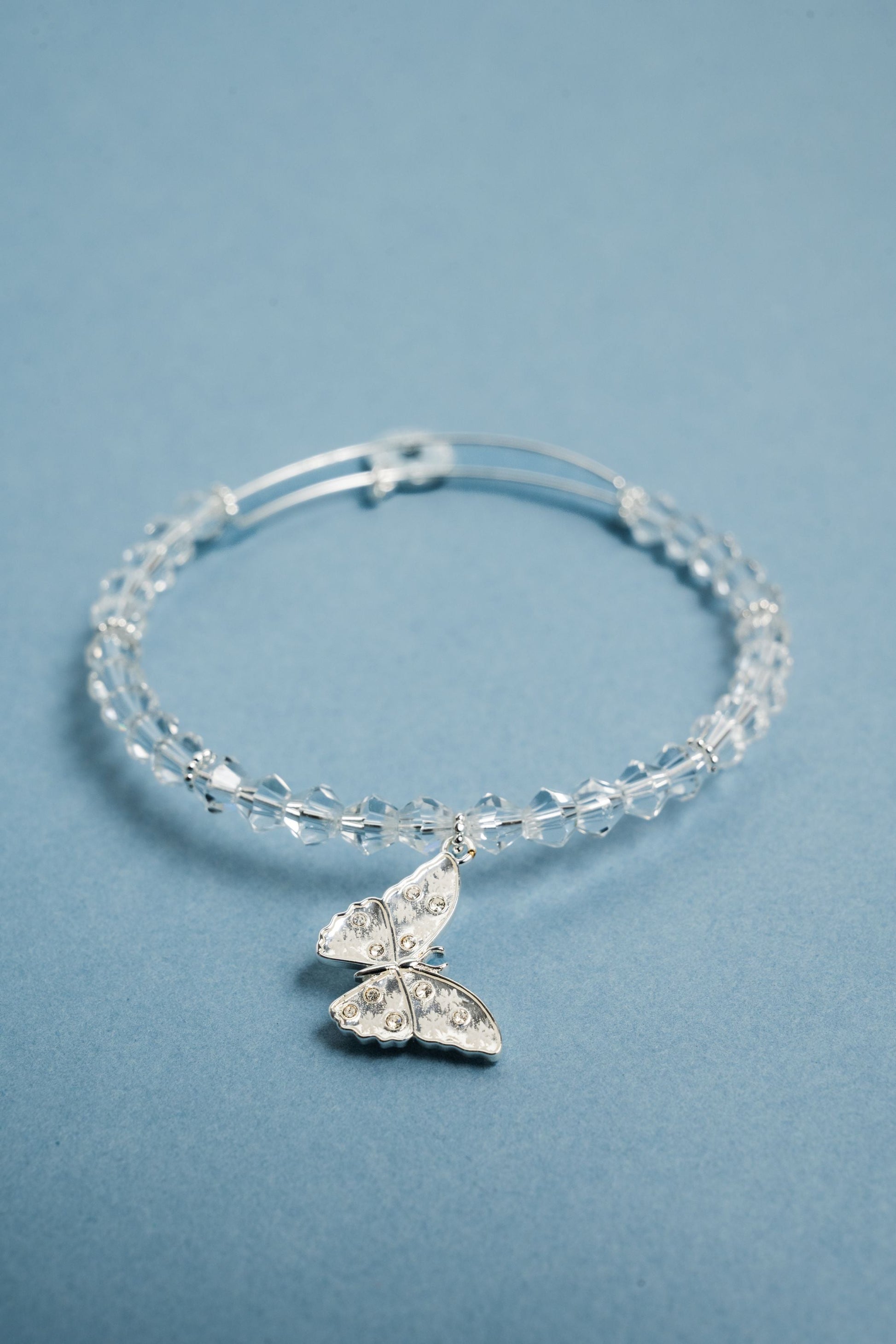 Glass Butterfly Beaded Charm Bangle Silver