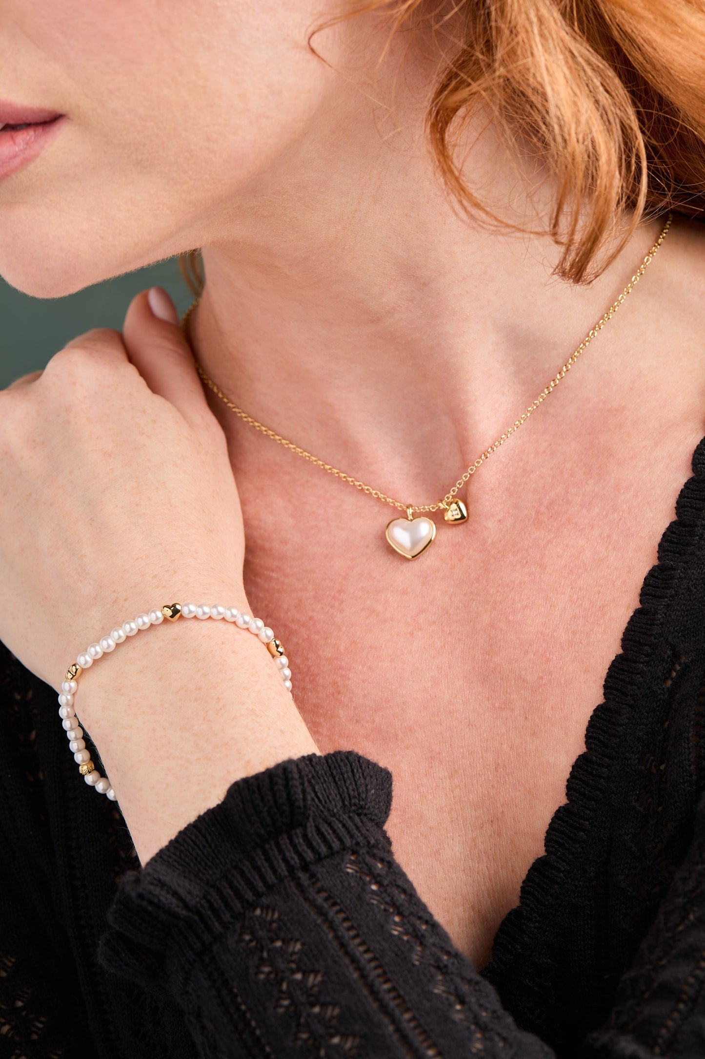 Pearl Heart Duo Charm Necklace Gold