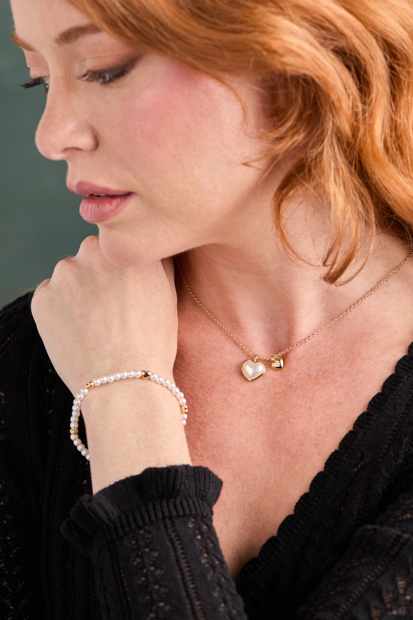 Pearl Heart Duo Charm Necklace Gold