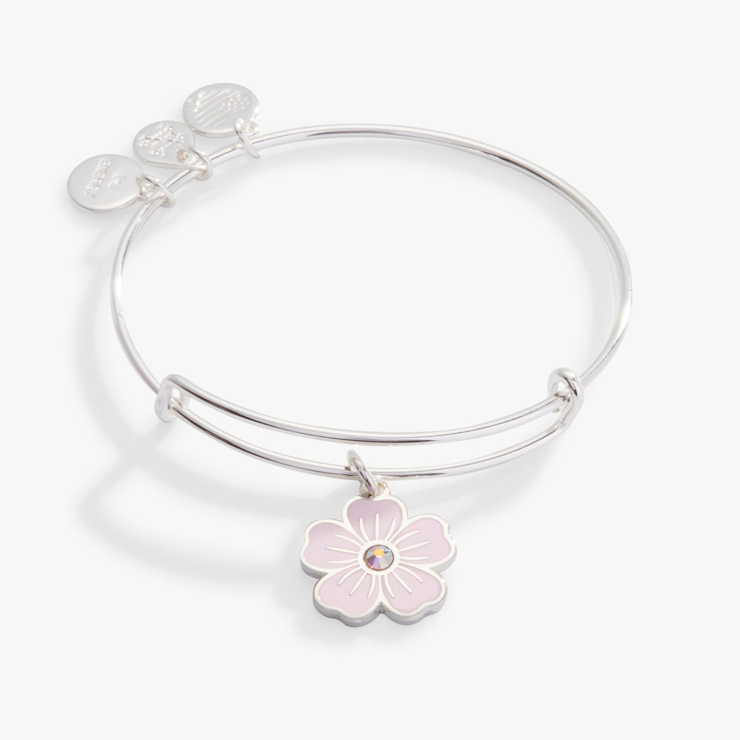 Pink Pansy and Crystal Charm Bangle Bracelet Silver