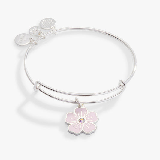 Pink Pansy and Crystal Charm Bangle Bracelet Silver