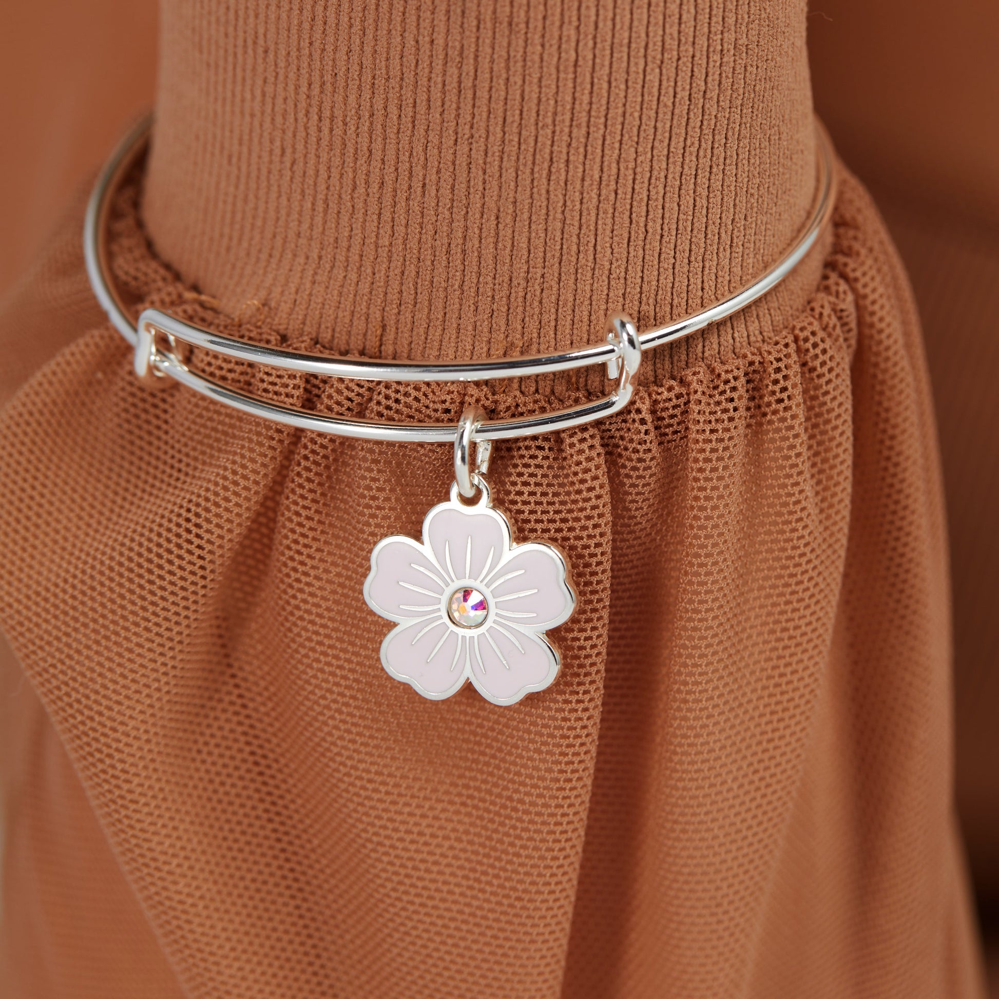 Pink Pansy and Crystal Charm Bangle Bracelet Silver