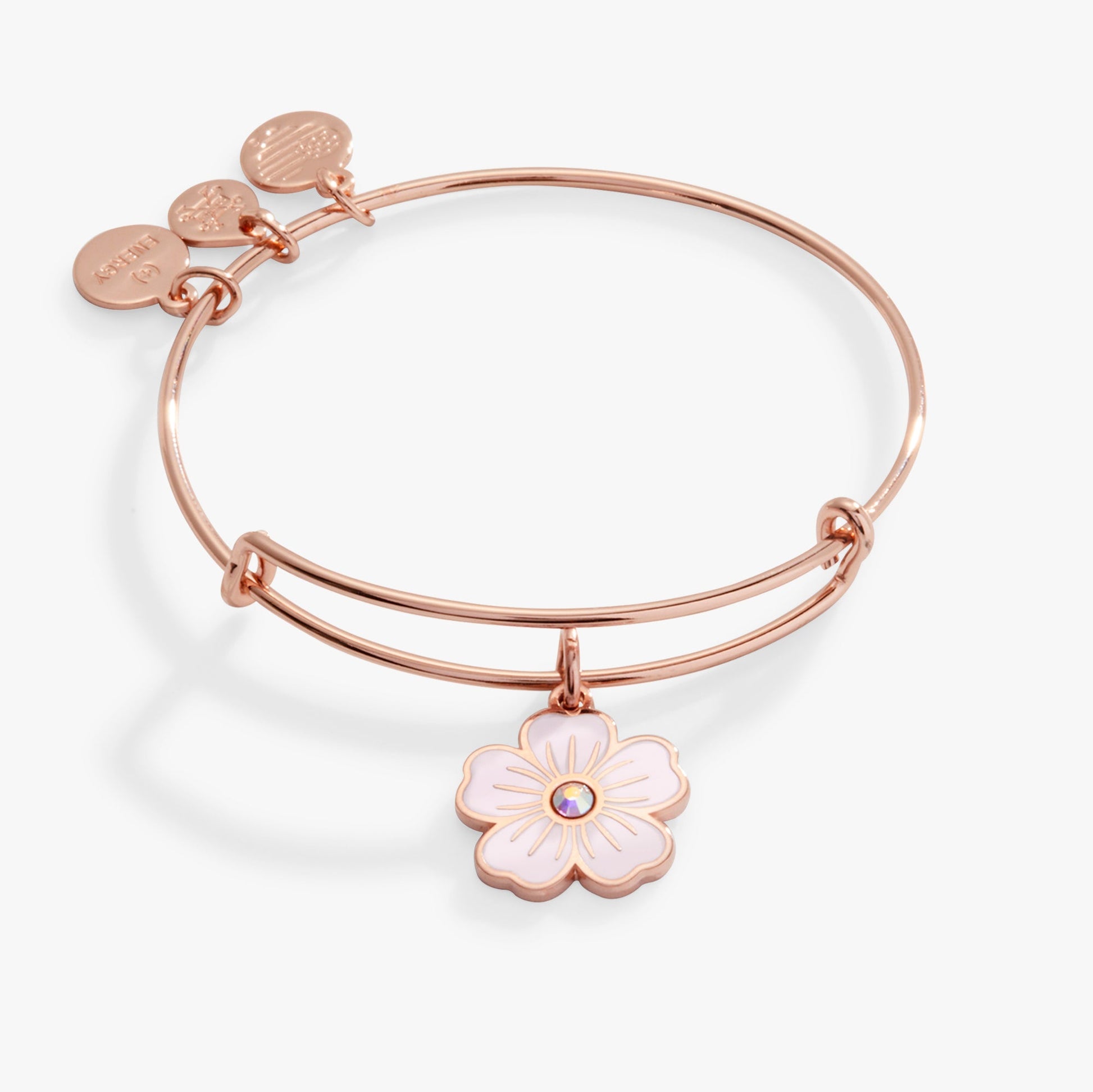 Pink Pansy and Crystal Charm Bangle Bracelet Silver