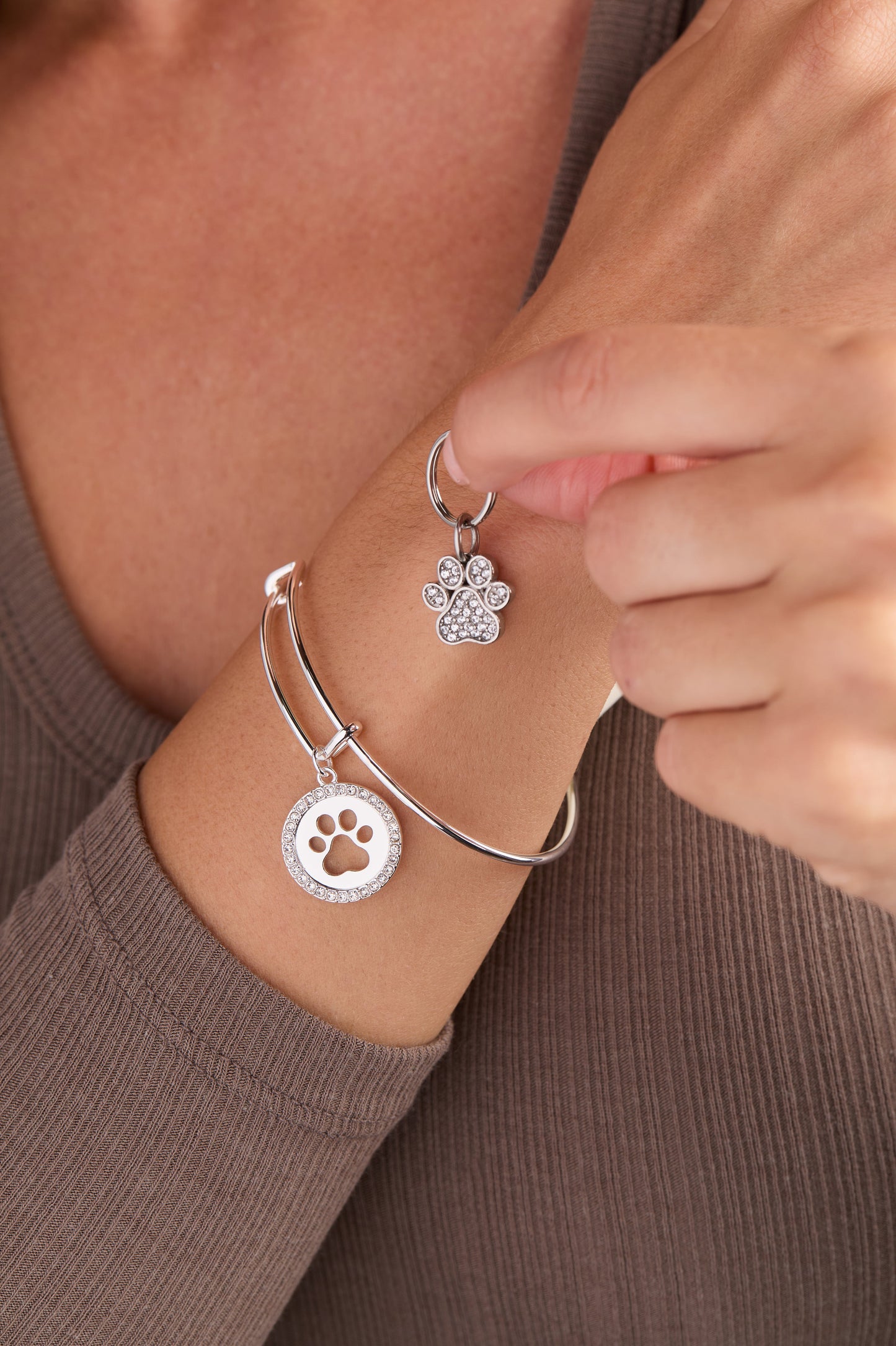 Paw Print Bangle & Charm, Set of 2 Silver