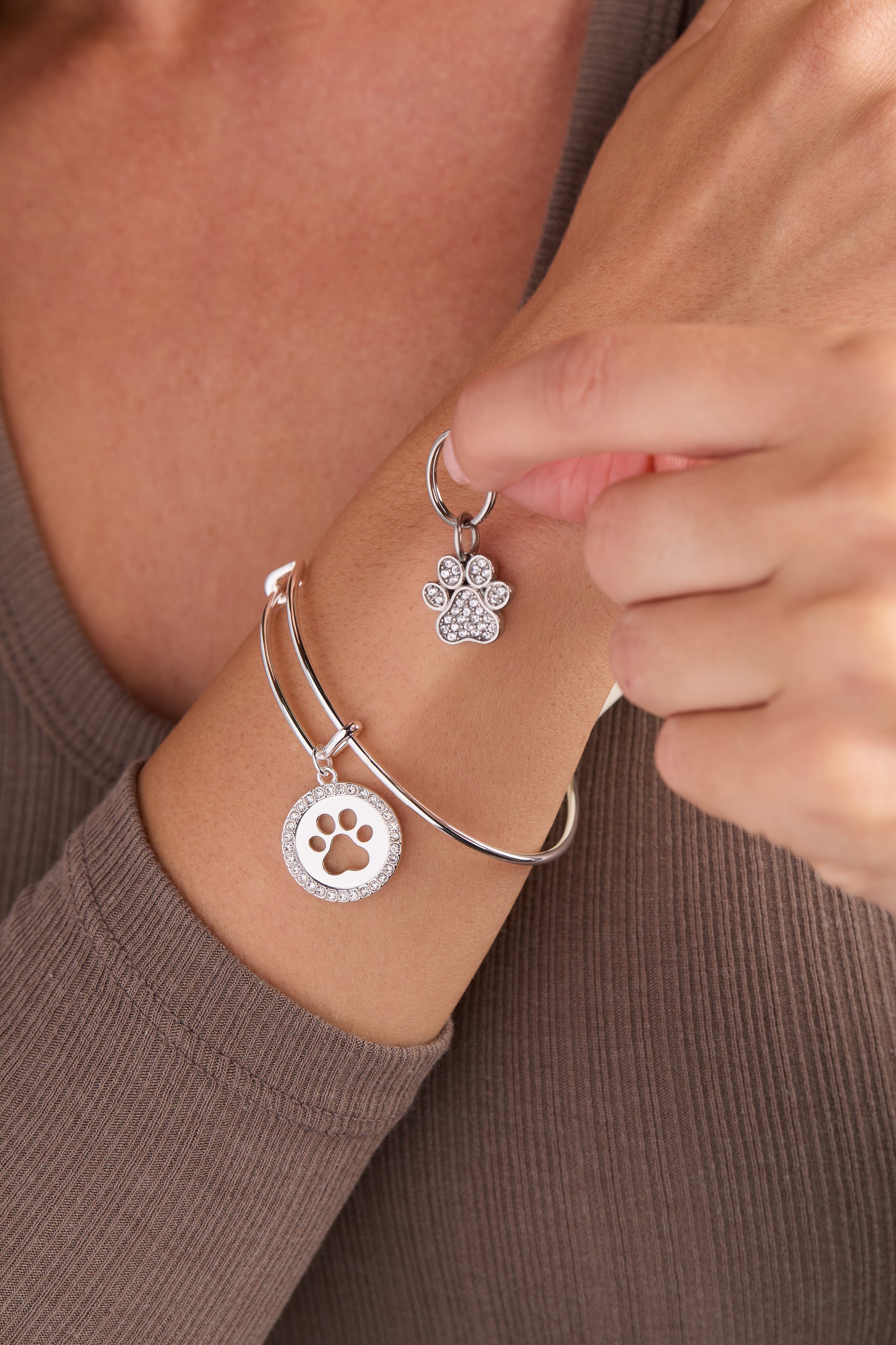 Paw Print Bangle & Charm, Set of 2 Silver
