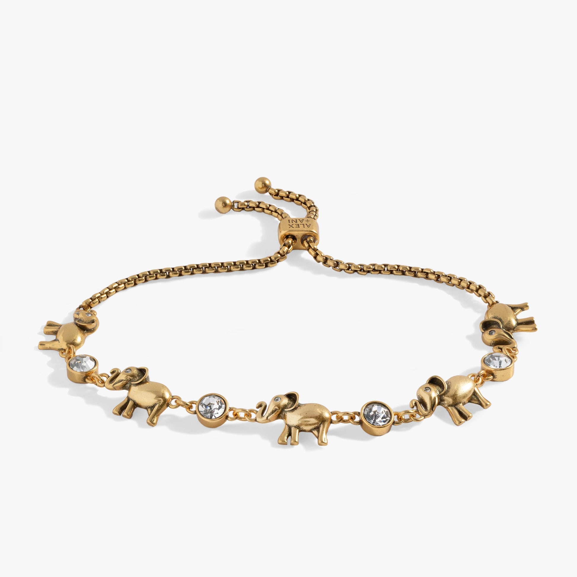 Elephant Crystal Bolo Bracelet Antique Gold
