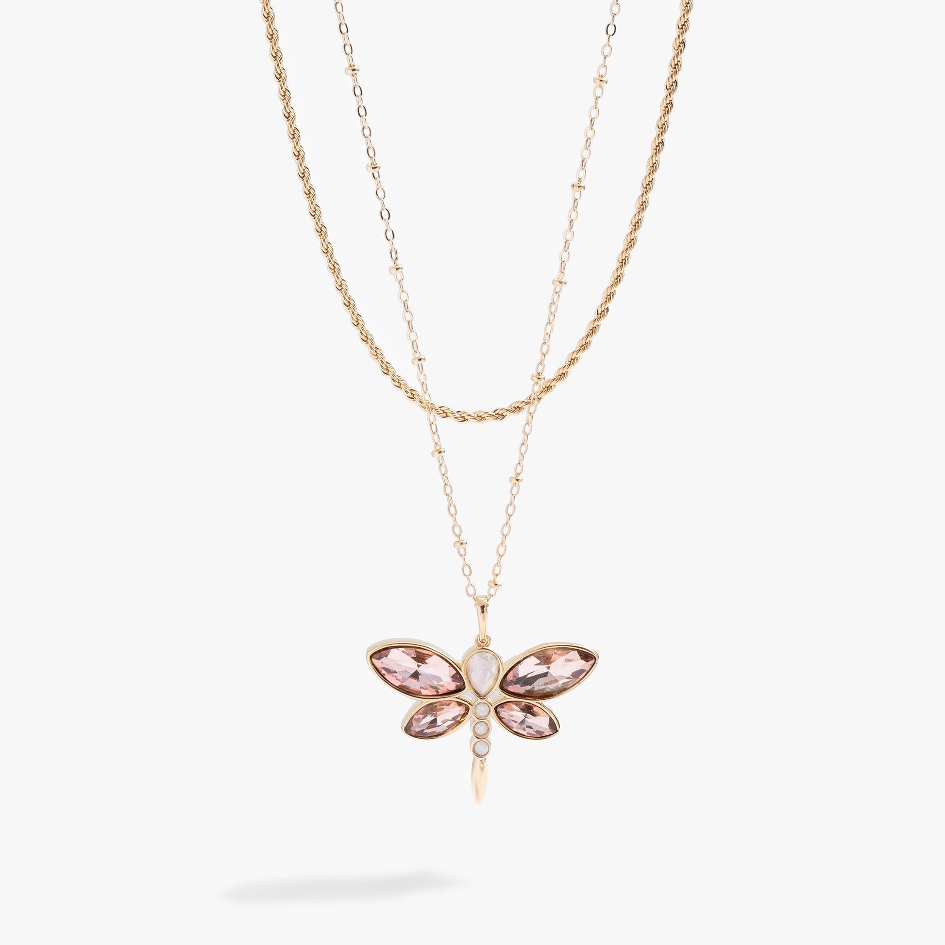 Crystal Dragonfly Double Layer Necklace Gold