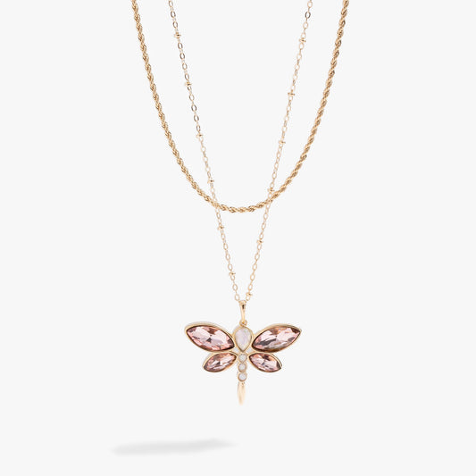Crystal Dragonfly Double Layer Necklace Gold