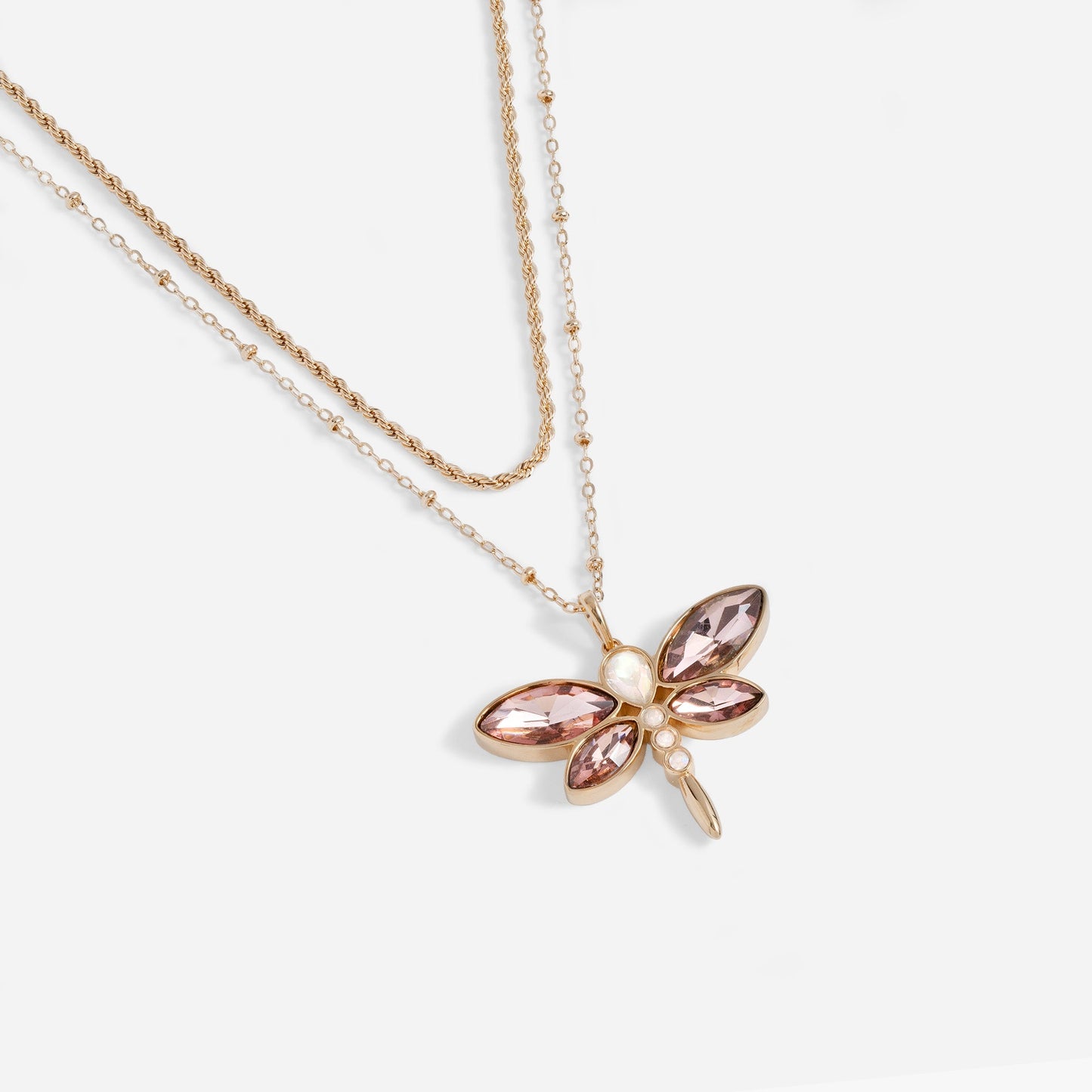Crystal Dragonfly Double Layer Necklace Gold