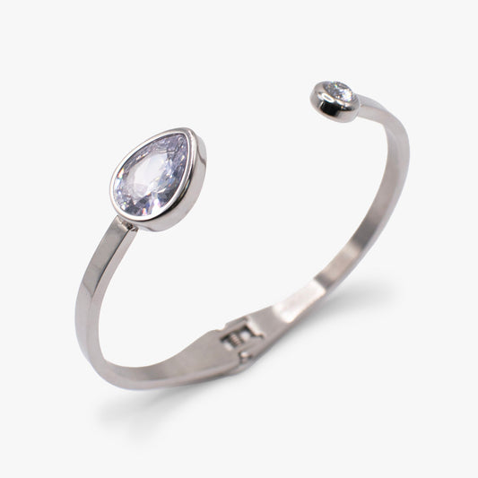 Crystal Hinge Cuff Bracelet – Statement Special Occasion Bracelet Stainless Steel Silver