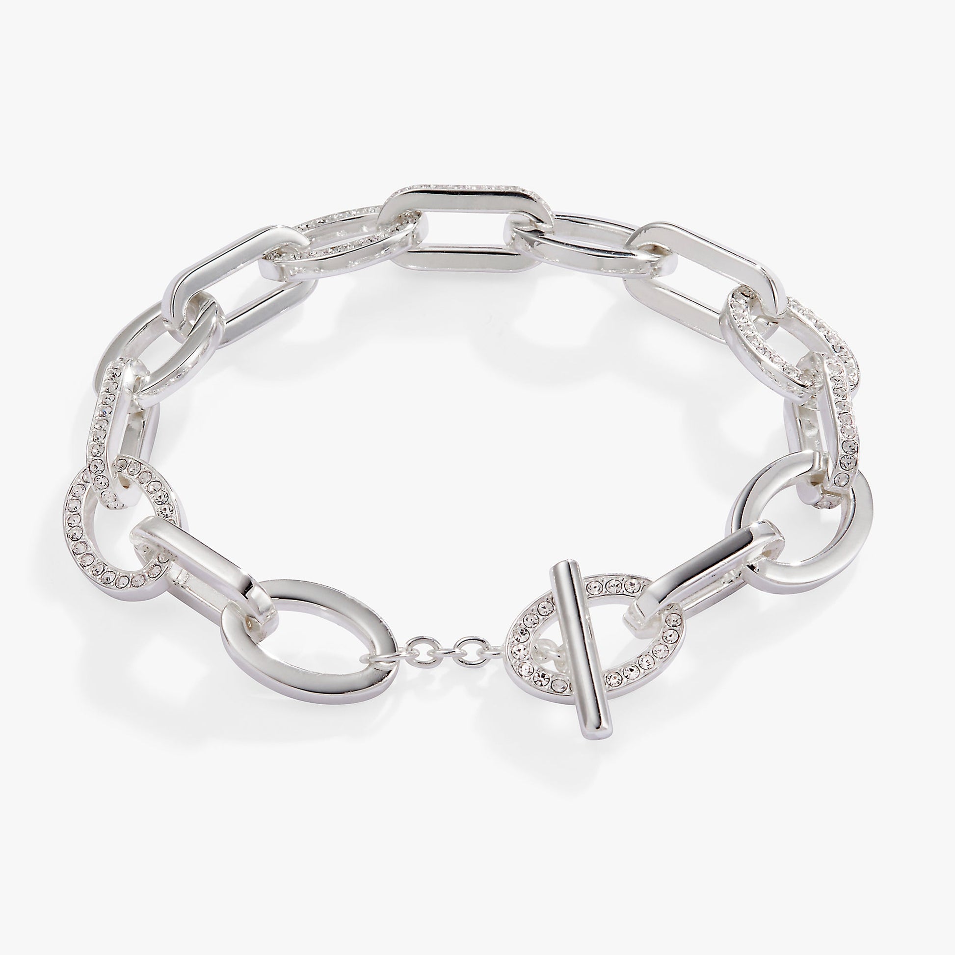 Oval Link Crystal Chain Toggle Bracelet Gold