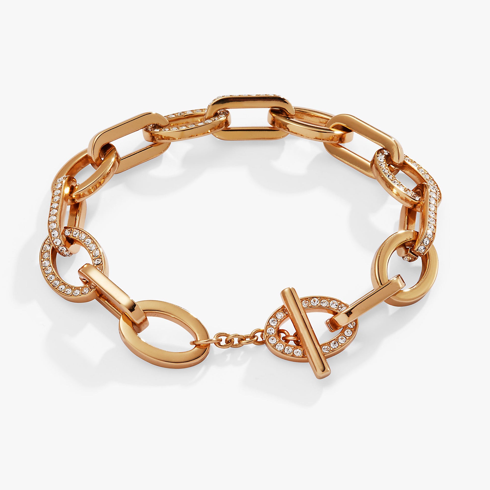 Oval Link Crystal Chain Toggle Bracelet Gold