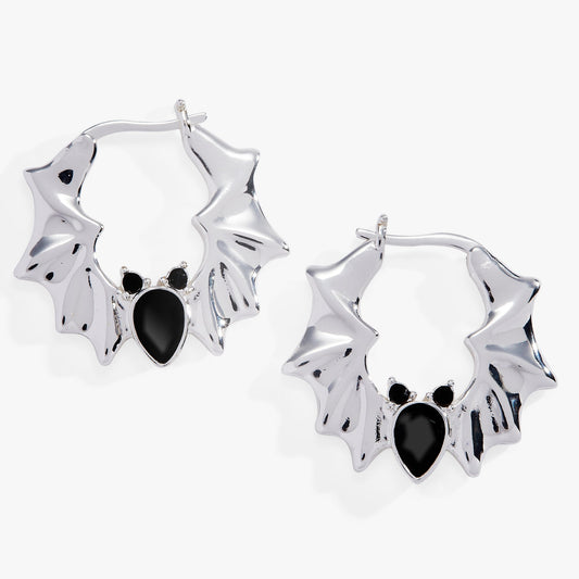 Crystal Bat Hoop Earrings Silver