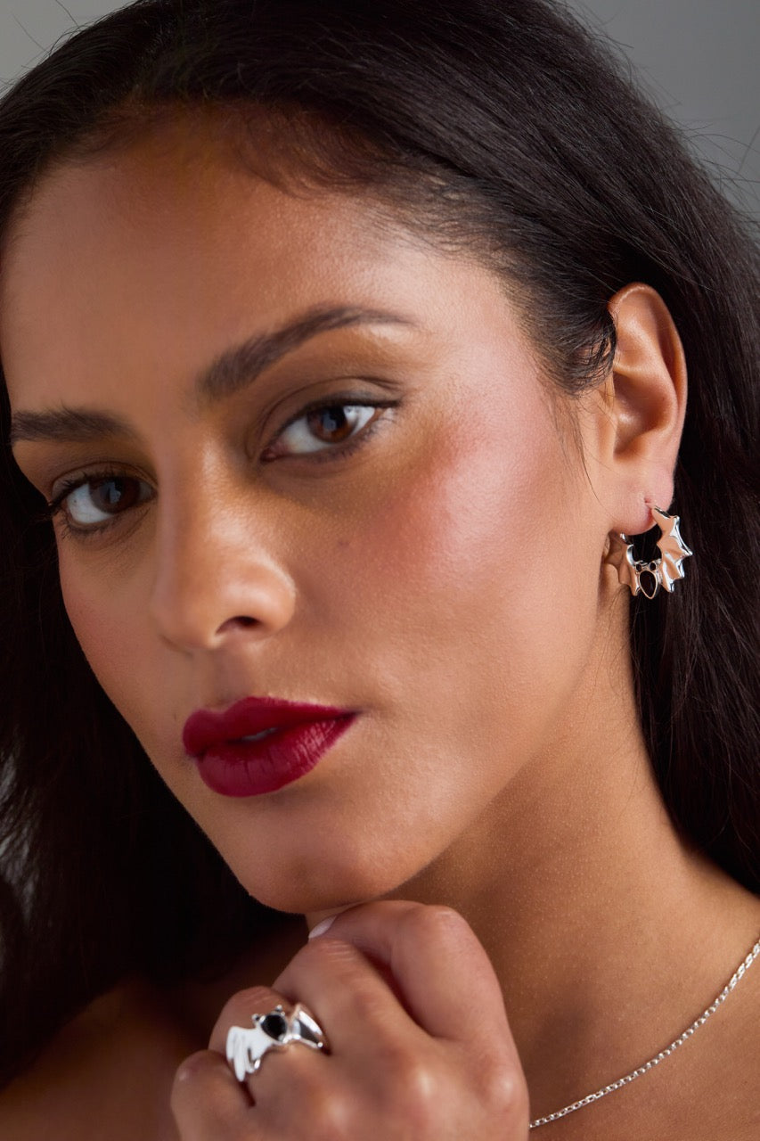 Crystal Bat Hoop Earrings Silver