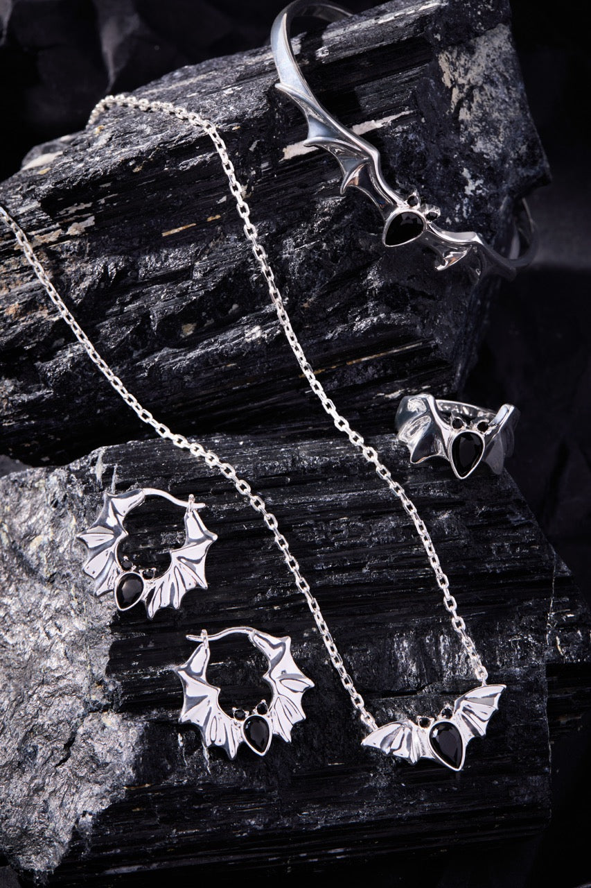 Crystal Bat Hoop Earrings Silver