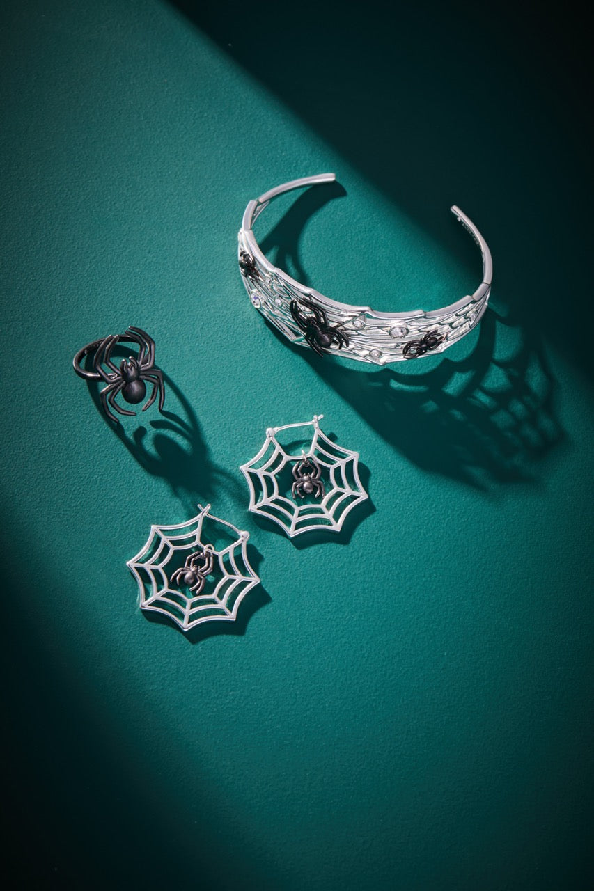 Glow in the Dark Spider Web Hoop Silver