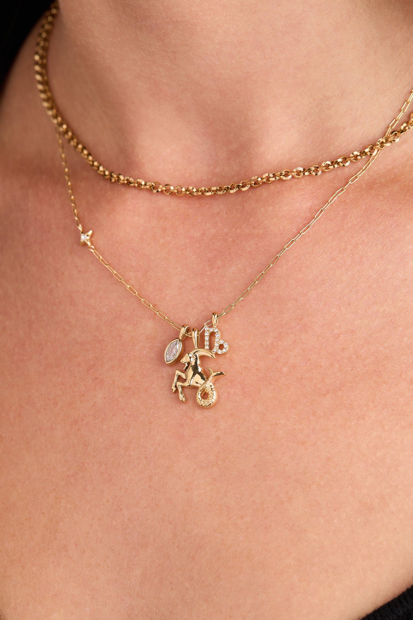 Capricorn Charm Cluster Necklace Stainless Steel Gold