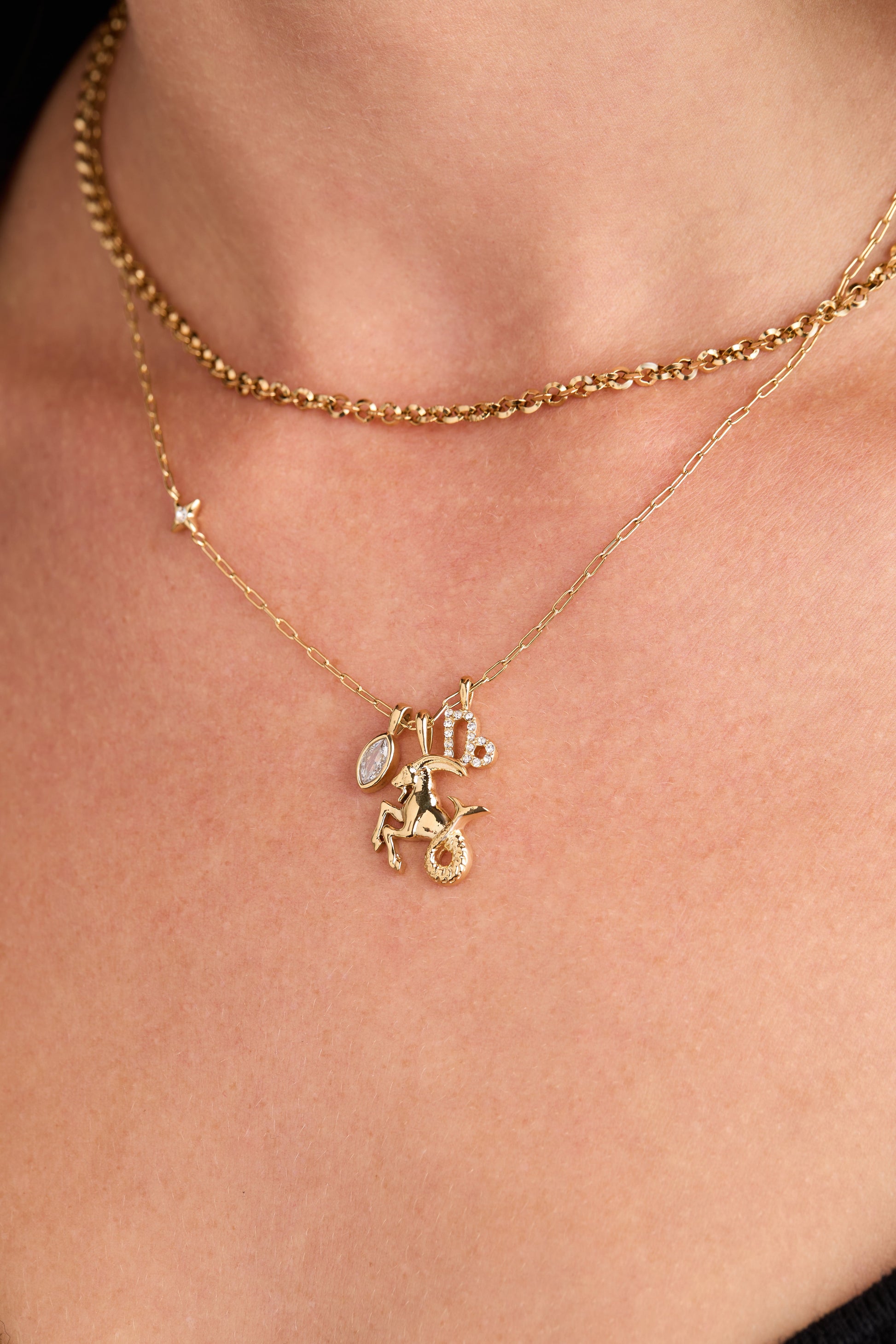 Capricorn Charm Cluster Necklace Stainless Steel Gold